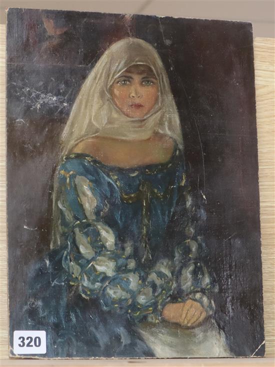 Greek School, oil on canvas laid on board, Portrait of a bride, 35 x 25.5cm, unframed. Condition - poor